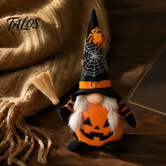 Pumpkin Theme Home Decor Halloween Plush Gnome Decoration, Spooky Orange Black Spider Web Bat Swedish Room Tomte Elf Figurine, Scandinavian