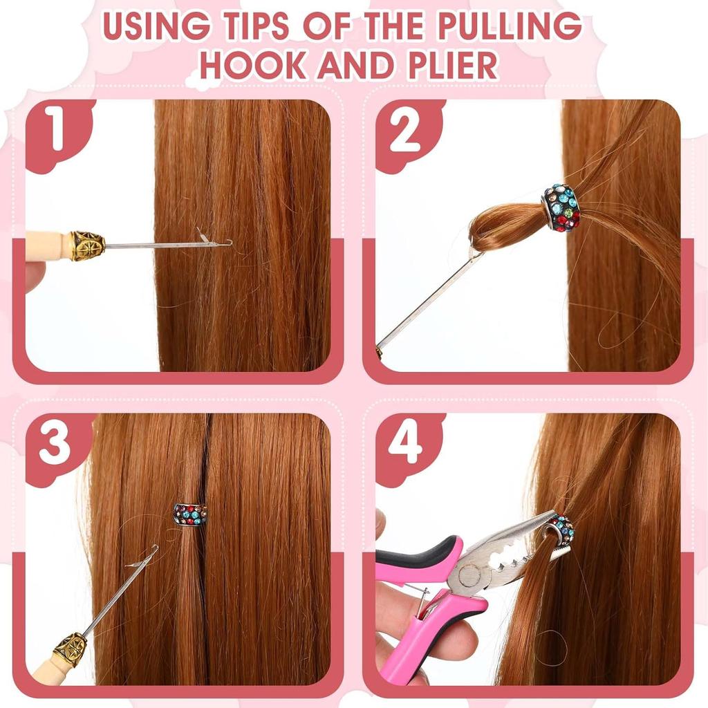 Hair Extension Tools Kit, 3 Pcs Microlinks Beads Tools Pliers Loop Needle Pulling Hook Tool 3-Hole Micro Links Hair Extensions Kit for Micro and Nano