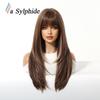 Women's Long Layered Curly Wig with Straight Bangs, Brown Highlights, Full Head Cover, Machine-Made with Chemical Fiber Rose Net, 2026 Hot Style.