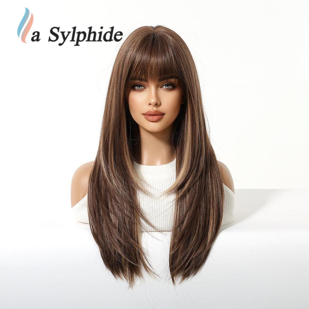 Women's Long Layered Curly Wig with Straight Bangs, Brown Highlights, Full Head Cover, Machine-Made with Chemical Fiber Rose Net, 2026 Hot Style.