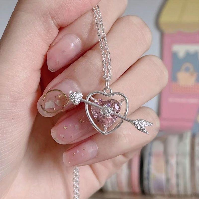 Korea New Design Pink Zircon Bowknot Cross Pendant Necklaces Y2K Girls Sweet Rhinestone Heart Clavicle Chain Women Zircon Gifts