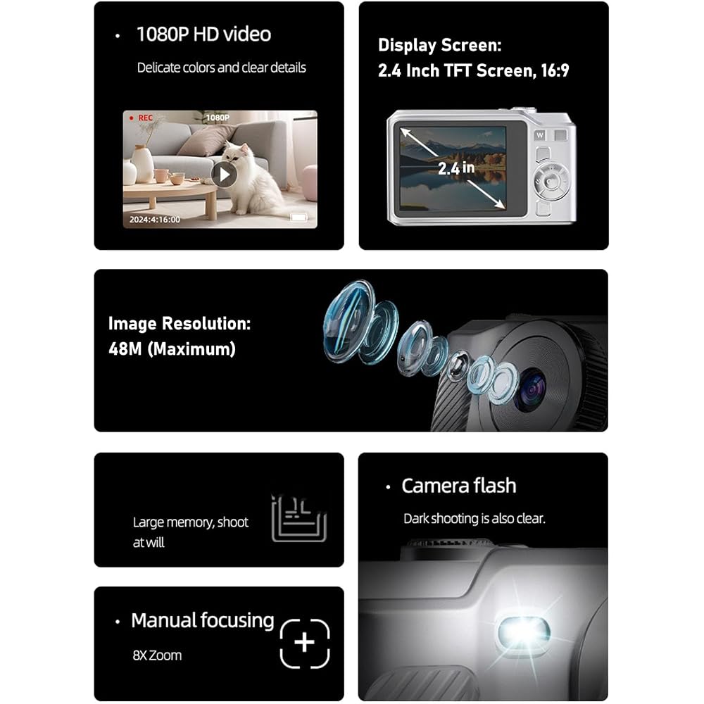 Miniature Digital Camera, Autofocus HD 48MP Digital Camera with 8X Digital Zoom, for Teen Photography (Silver)