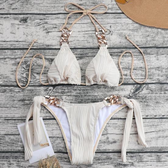 Set da 2 pezzi per costume da bagno da donna, con allacciatura a tre punti, scollo all'americana, imbottito, senza ferretto, con catena in metallo, abbigliamento sportivo da guado
