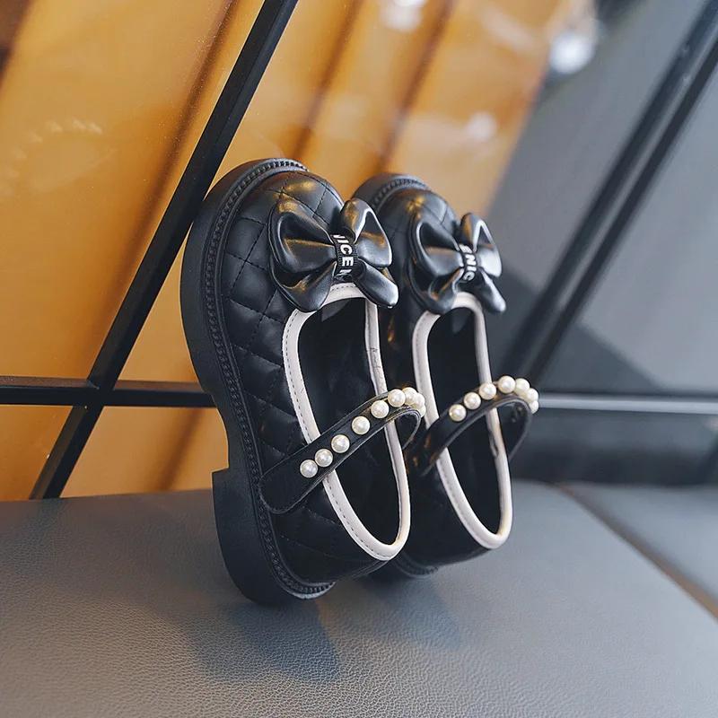 

Детская кожаная обувь Весна Осень Детские туфли Мэри Джейн Модные туфли-лодочки для девочек с жемчужным бантом Лолита Одинарная обувь для малышей 24 чёрный