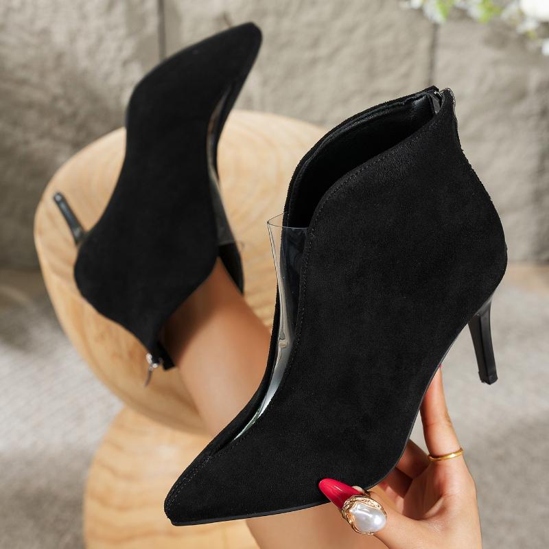 אופנה וינטג' נשים מגפונים עד הקרסול עם בוהן מחודדת אופנה אלגנטי רוכסנים אחוריים מגפונים קצרים סתיו חורף נעלי עקב גבוהות תמציתיות לנשים