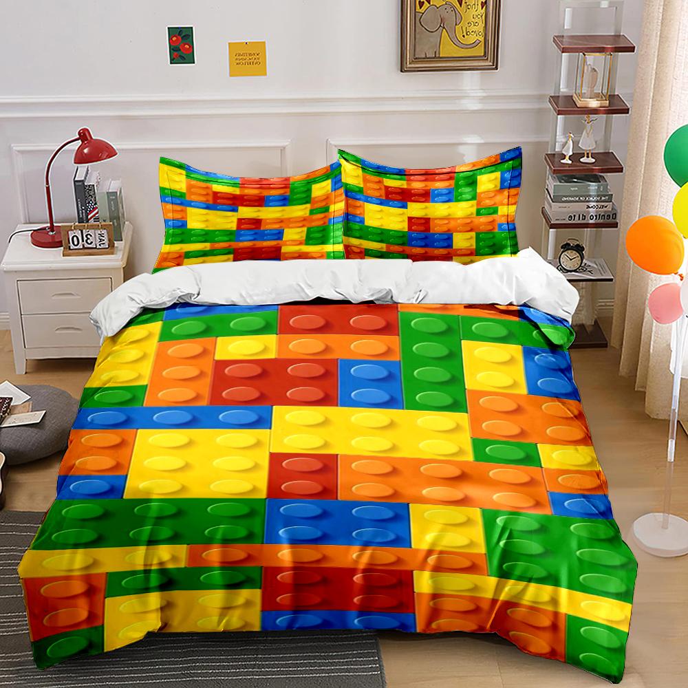 Juego de Cama con Patrón de Bloques de Construcción Juego de Cama (1 funda nórdica, 2 fundas de almohada, edredón no incluido)