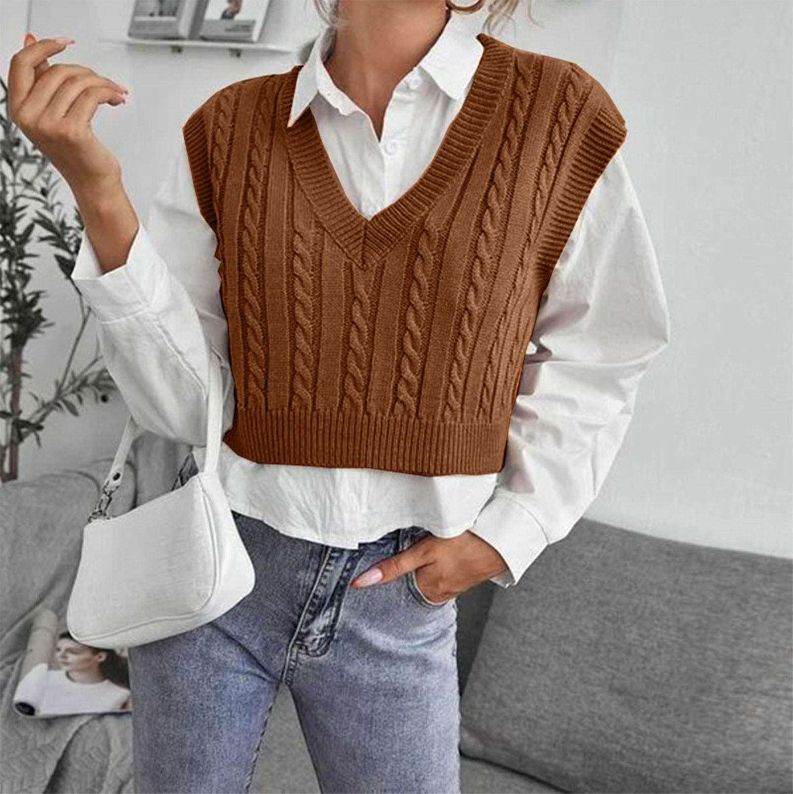

Women s Casual V-Neck Pullover Shirt Collision Color Sleeveless Sweater Vest L коричневый