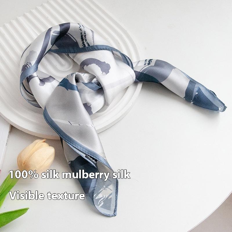 53Cm satin blue printed silk neck small square scarf 100 mulberry silk scarf OL versatile  new silk scarf