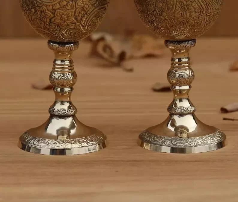 Handmade Set Of 5 Royal King Embossed Goblet Design Brass Wine Goblet