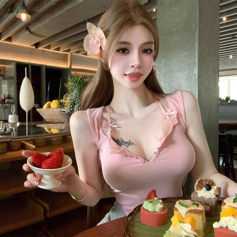 Lace Splicing Slim Sling Vest Summer Wear Short Spice Girl Shoulder Neck Top