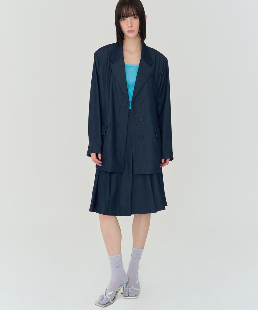 THEFRHT Slit Pleated Midi Skirt (Navy)