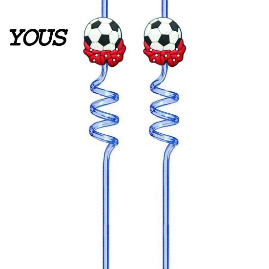 Reusable PET Straw 2Pcs Soccer Theme Spiral Straws, Curved Drinking Washable Straws with Football Charm, World Mug Party Beverage Decor Bendable