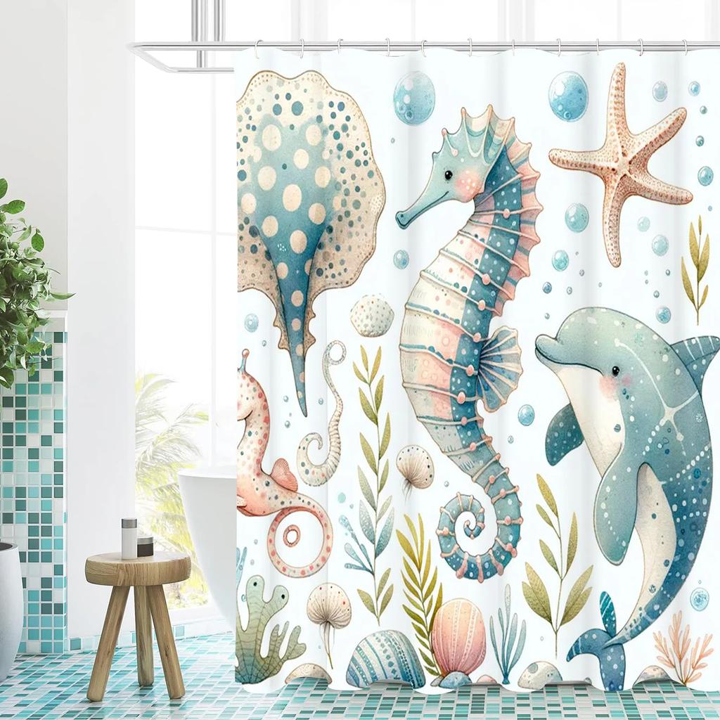 Painting Style Sea world hippocampus  Bathing Curtain  Bathroom Shower Curtain Waterproof With 12 Hooks Home Deco