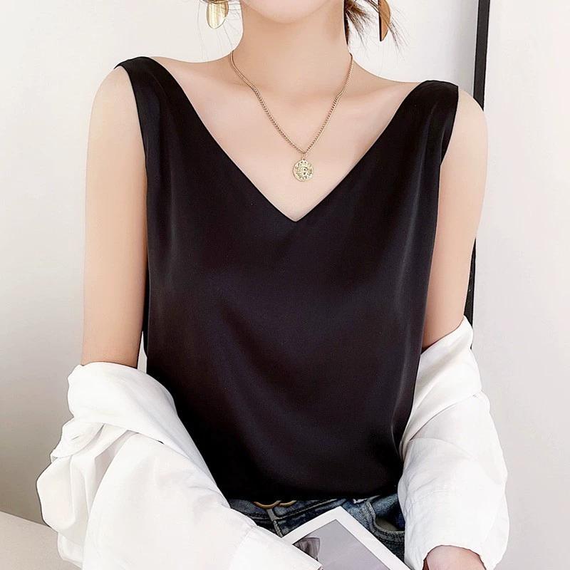 Women's Spring and Summer Solid Color Loose Silk Satin Halter Bottoming Shirt Simple Casual Sleeveless Tops