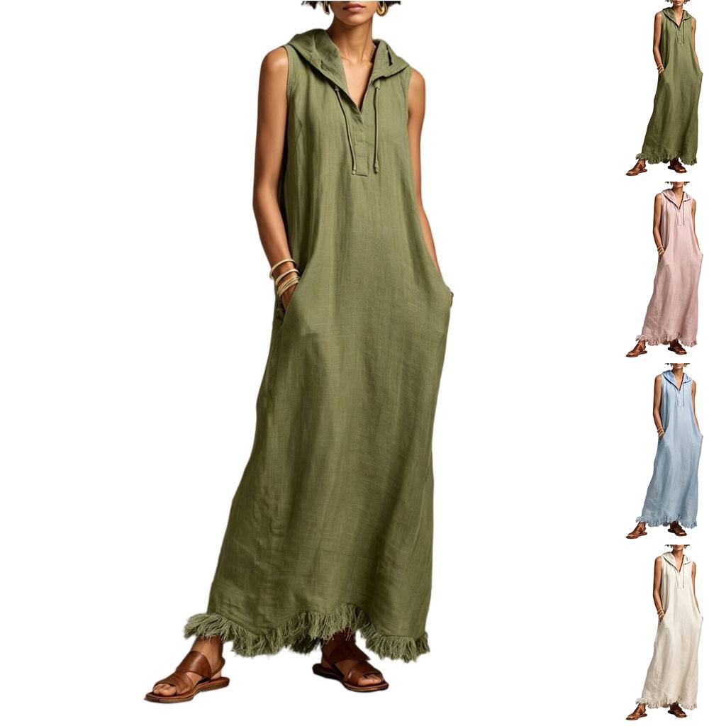 Sleeveless Hooded Maxi Dress with Fringe Hem Casual Long Dress Lightweight Loose Fit Summer Dress for Women