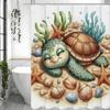 Cartoon Cute Turtle Beach Starfish Shell Shower Curtain, Bathroom Decorative Shower Curtain, Waterproof Shower Curtain with Hook