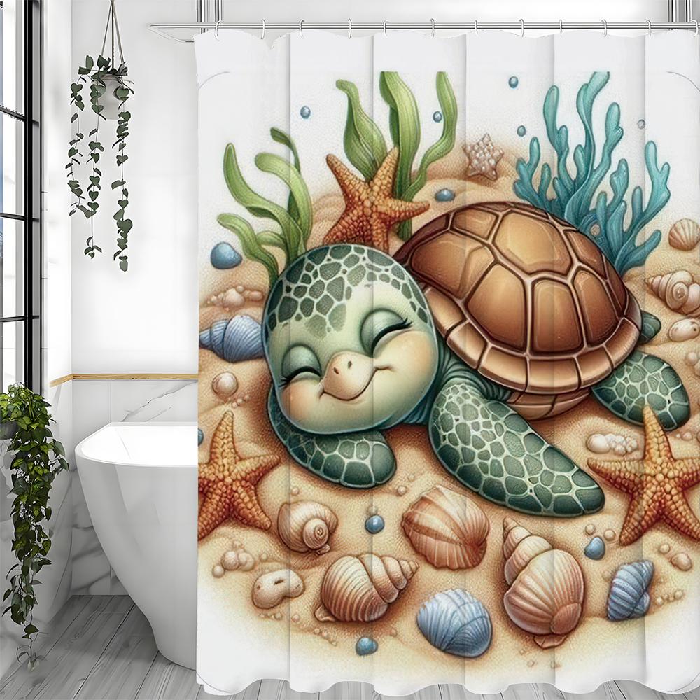 Cartoon Cute Turtle Beach Starfish Shell Shower Curtain, Bathroom Decorative Shower Curtain, Waterproof Shower Curtain with Hook