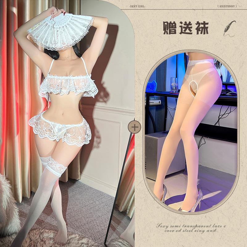 Night listening fragrance lingerie women's sexy lace three-point pajamas mesh open crotch free perspective set
