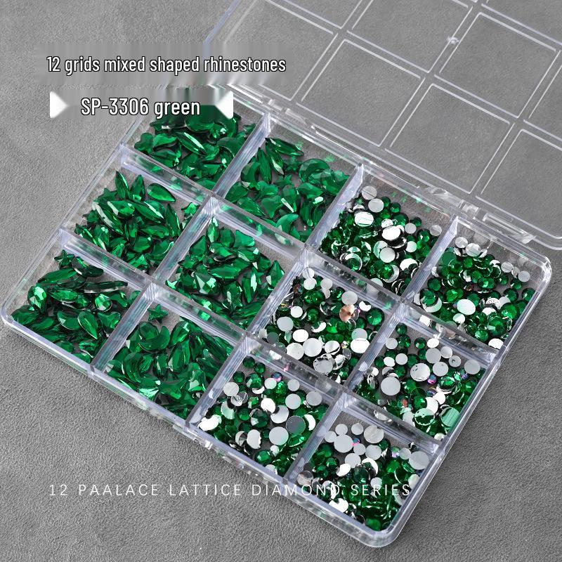 Nail Art Irregular Resin & Colored Rhinestones Set - Flatback, 12 Grids of Mixed Clear Diamonds