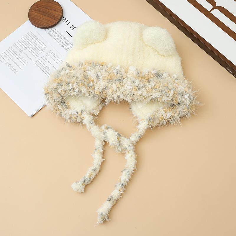 Căciulă Pluș Urechi Urs Drăguț Colorat Boabe de Zahăr Eșarfă de Exterior Set Cald pentru Toamnă și Iarnă Pălărie cu Boruri pentru Cap Mare