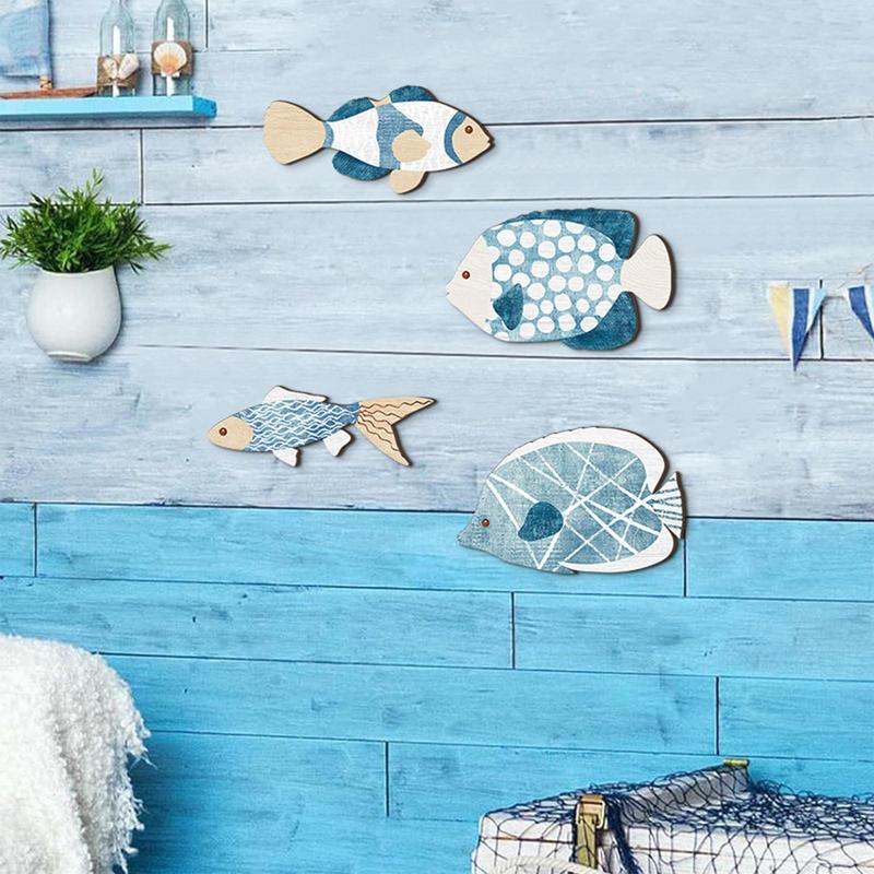 4PCS Mediterranean Wood Fish Wall Hanging Ornaments Wooden Fish Sculpture Decorations Coastal Beach Wall Hangings Ornaments