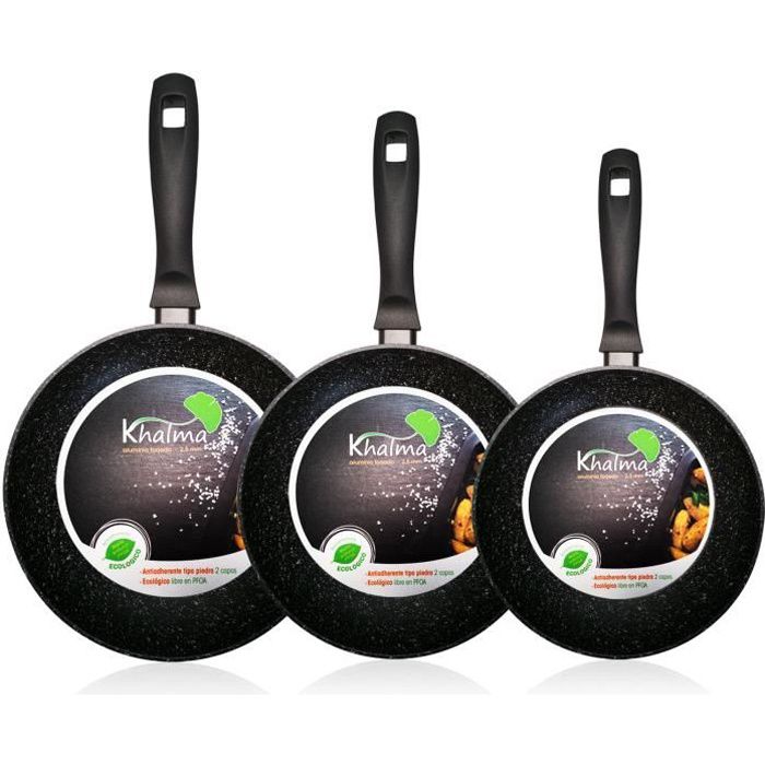Lot de 3 poêles 20Ø24Ø28Ø Aluminium, pierre verte sans PFOA Wecook Khalma 53004