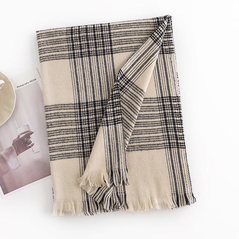 Beige Plaid Stripe Imitation Cashmere Scarf Shawl