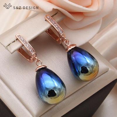 Fashion Colorful Water Drop Beads Dangle Earrings For Women Wedding Rose Gold Color Cubic Zirconia Jewelry