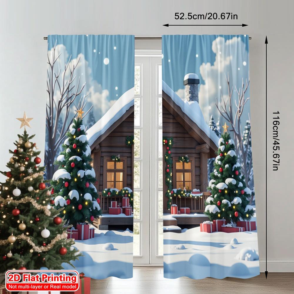 2pcs 2D Flat Printing Merry Christmas Popular Window Curtains Cozy Cabin Christmas Snow Gifts 100% Polyester Without Electricity