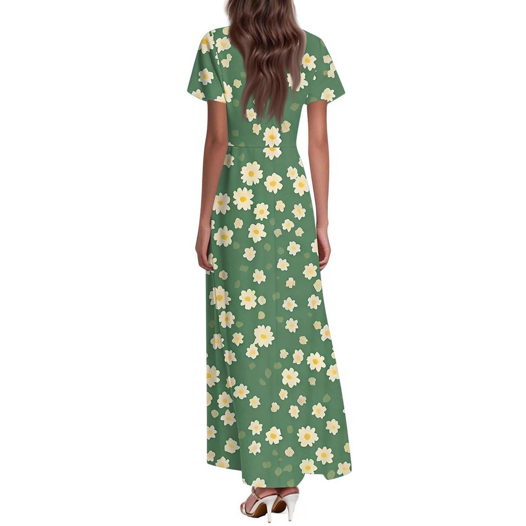 Rochii de vară casual de modă pentru femei, cu imprimeu, cu gât în V, cu mâneci scurte