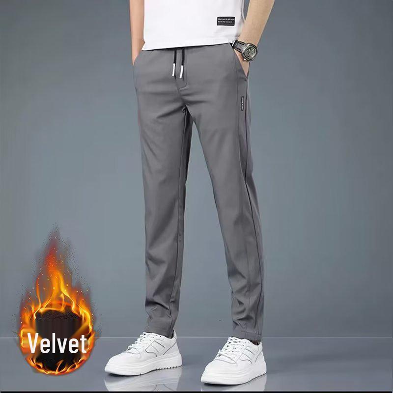 Black Label Plus Men's Slim Fit Fleece Pants - Autumn/Winter Korean Style Large Size Straight Business Casual Trousers