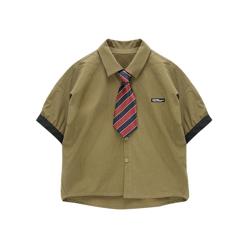 Kids' Korean Style Short-Sleeve Tie Shirt - 2026 Summer Trendy Performance Wear for Boys