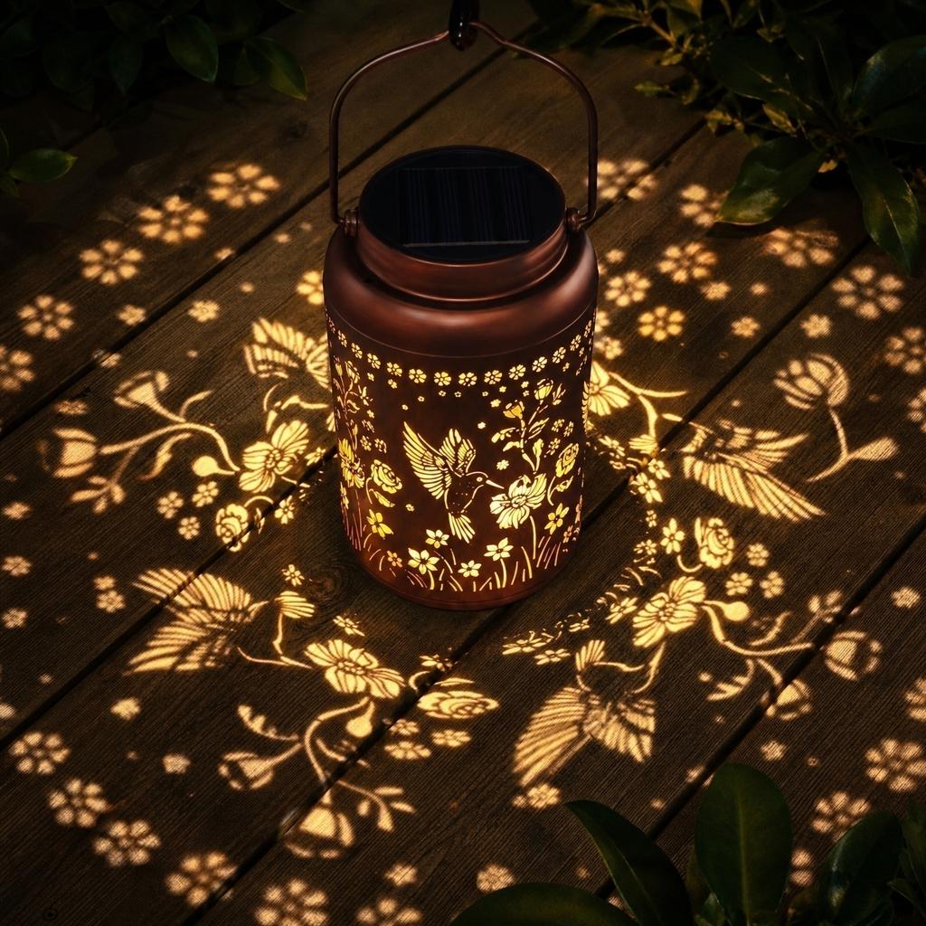 Solar Powered Lantern Outdoor Decorative Light with Metal Handle and Floral Hummingbird Pattern Suitable for Garden Patio Porch and Yard Lighting