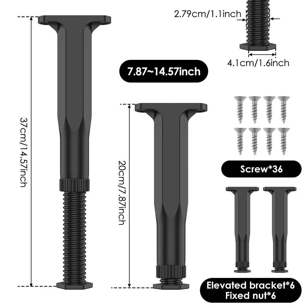 6 Stück Teleskopische Bettbalken Stützfuß 20-37cm Verstellbares Möbelbein Hochbelastbare Stützbeine für Bett Sofa Kommode Stuhl Tisch