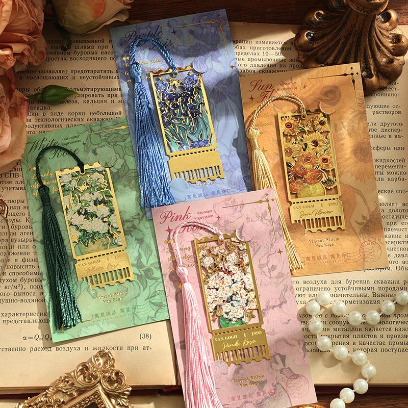 1pcs/4pcs Flowing Light Impression Series - Oil Painting Style Flower Hollowout tassel Metal Bookmark Student Account Marker