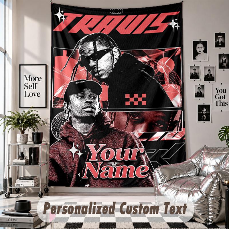 Wall Hanging Tapestry With Custom Name & Text, Travis Scott Decorative Tapestry For Bedroom