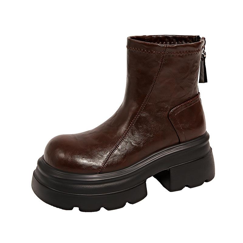 

British thick heel thick-soled Martin boots women s single boots autumn and winter retro leather elastic velvet thin cotton boots short boots 39 коричневий