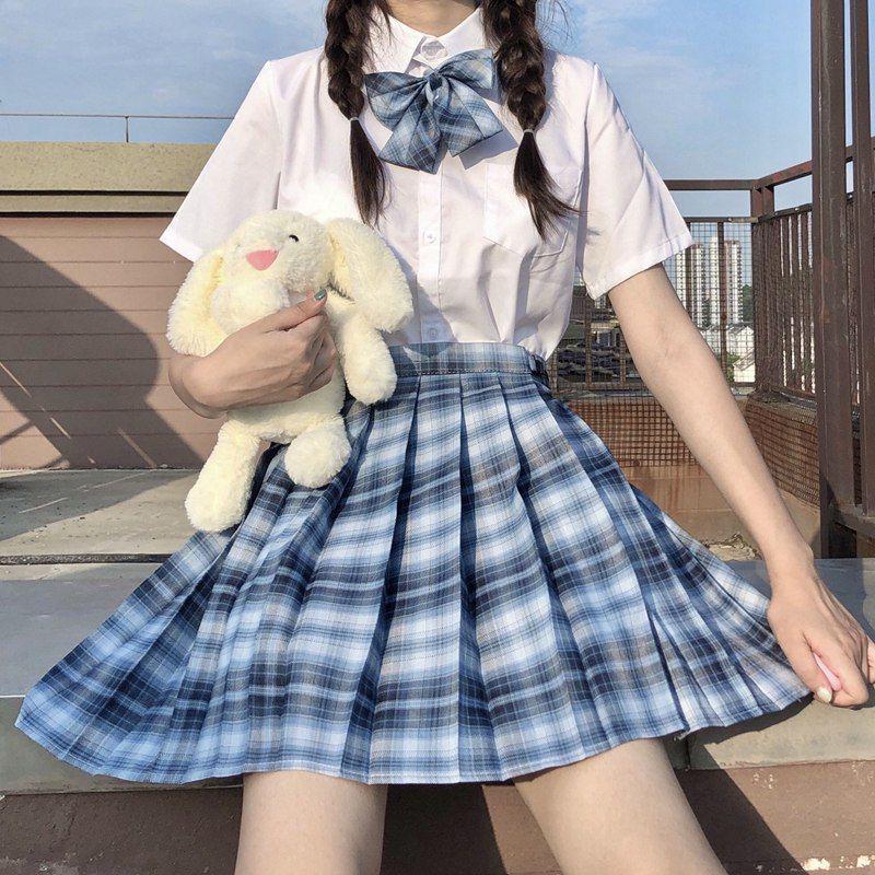 Lemon Sea Salt Plaid School Uniform: Short Sleeve Top & Midi Skirt Set