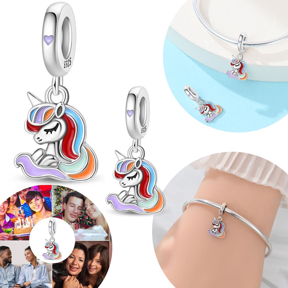 Pingente Unicórnio Colorido Animal Arco-Íris Miçanga de Cobre Original Serve Pulseira Feminina DIY Presente de Dia dos Namorados Joia para Menina