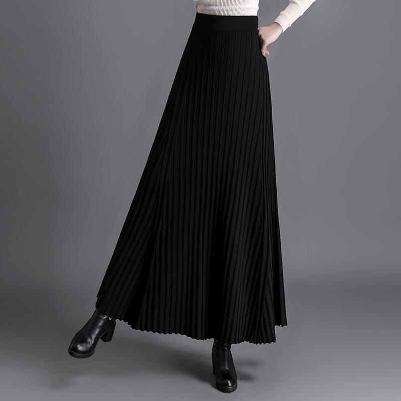 Elastic Waist Black Striped Knitting Maxi Skirts For Woman Elegant Fashion Warm Sweater Saias Longas