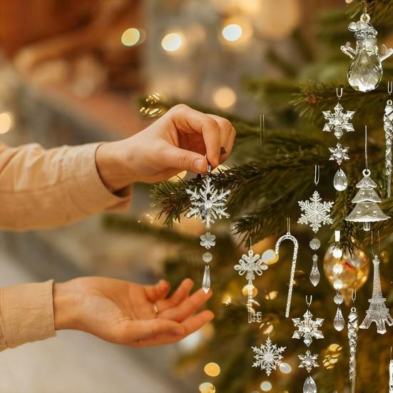 32 Pcs Christmas Ornaments Acrylic Hanging Decor Set with Snowflakes Deer Snowman Icicles Candy