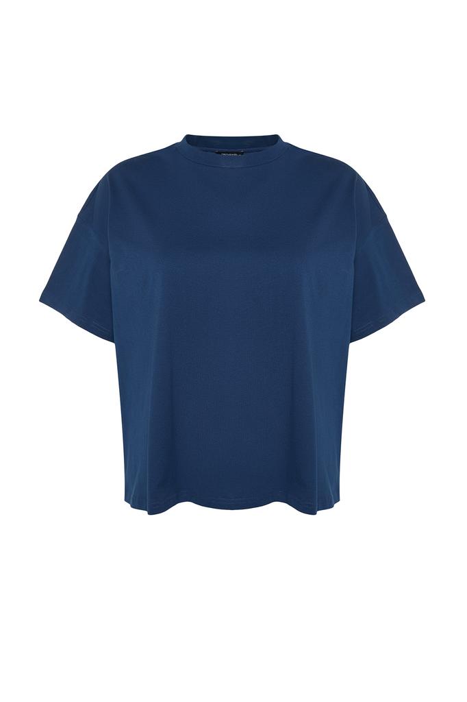 Tricou de bază tricotat de bază cu guler cu guler, stil de damă, albastru marin