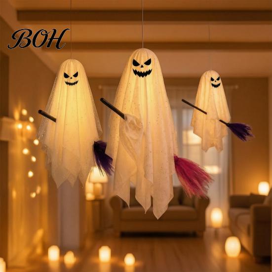 Reusable Festival Holiday Decor Halloween Lighted Hanging Ghost with Broom Decor, Flying Broomstick Ornaments Remote Multi Mode Lighting Control