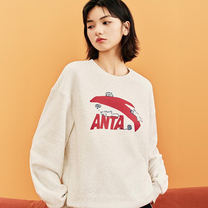 Anta Cat Print Fleece Loose Warm Pullover Fashion Sports Casual Trendy Versatile Long Sleeve Sweatshirt Women Tops Gray Gray-Floral 962618704-1
