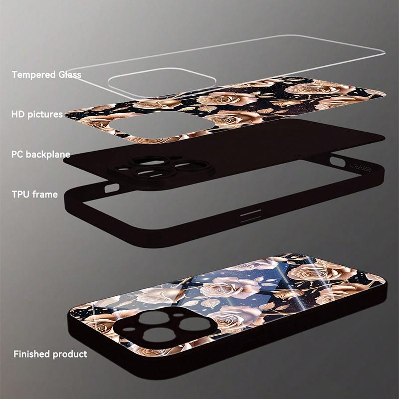 Gradient Glitter Rose Pattern Tempered Glass Phone Case For iPhone 17 16 15 14 13 12 11 Pro Max 17Air 16E 7 8 Plus XR XS X Cover