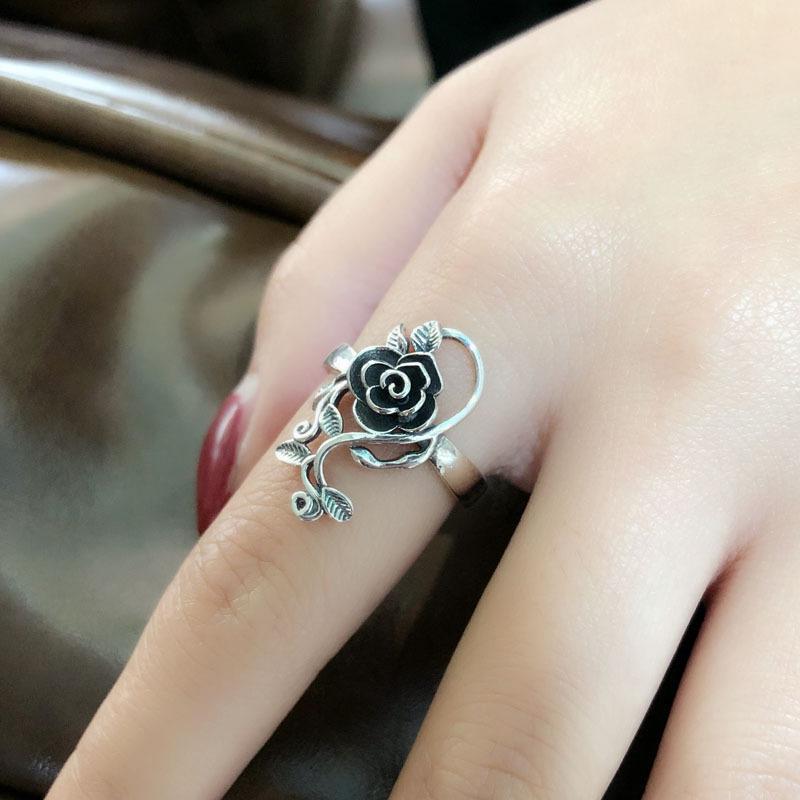 Buyee 925 Silver Rose Flower Open Ring for Women Elegant Fashion Jewelry Big Circle Gift Ethnic Fine Female