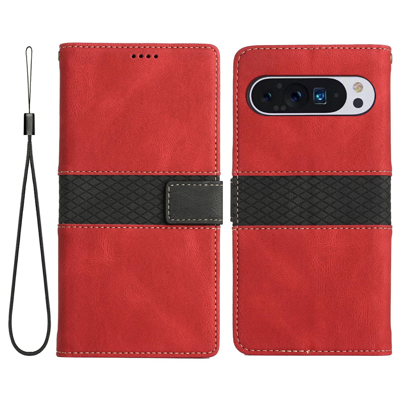 

For Google Pixel 9 Pro XL Leather Case Grid Splicing Stand Wallet Phone Cover Red