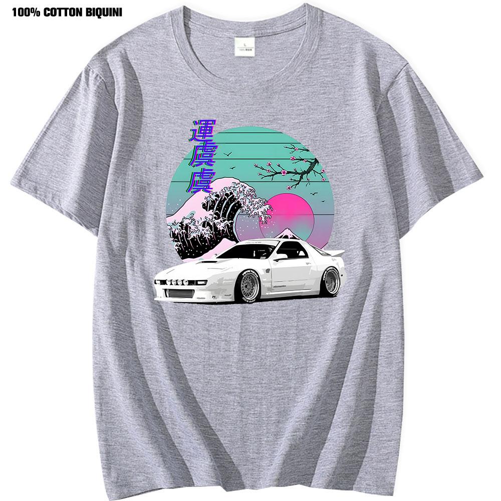 Anime T-shirt För Japansk Vaporwave JDM Legendbil RX7 Tryck T-shirts Harajuku Japanska Bilar Herr 100% Bomull Klassisk T-shirt