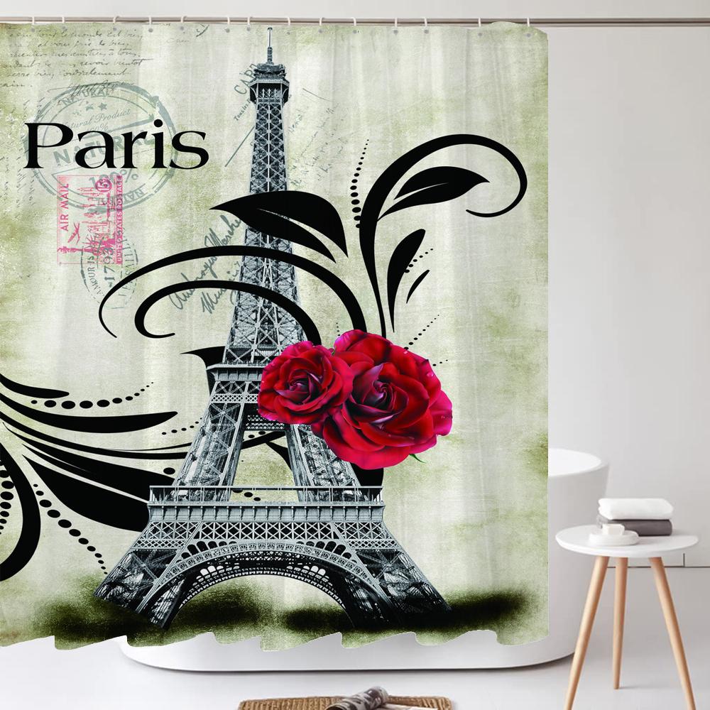 Nordic Retro Paris Tower Printed Shower Curtain With Hooks For Waterproof Polyester Fabric Bathtub Curtains Bathroom Decor