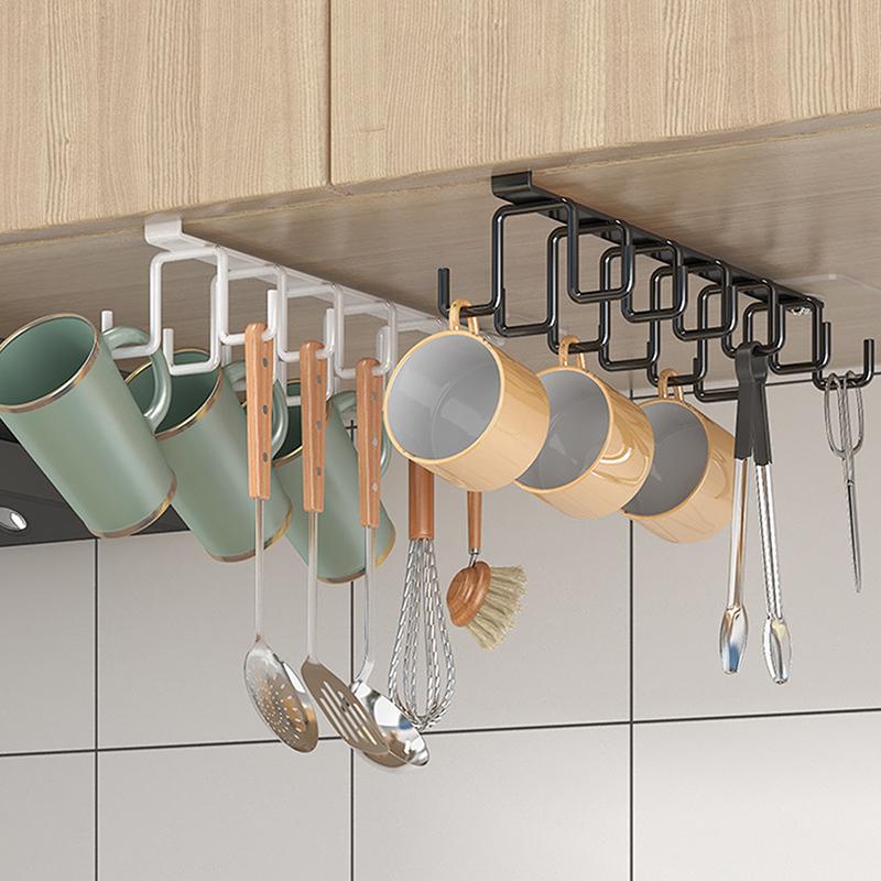 Punch-free Double-row Hooks Kitchen Under Cupboard Shelf Mug Cup Hanger Hook Iron Hanging Rack Holder Kitchen Cabinet Organizer Cup Holders 5